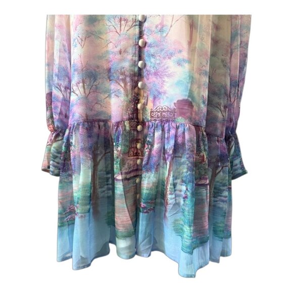 DALIA MACPHEE Purple Multi Floral Button Down Dress Long Sleeve Ruffled Lrge NWT - Picture 5 of 16